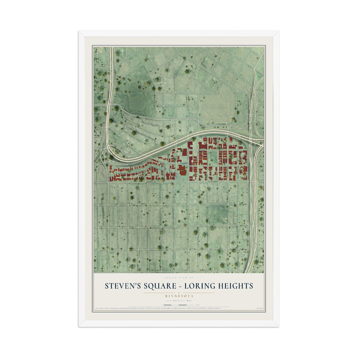 Map of Steven's Square - Loring Heights, Minnesota, 12 x 18 inch print in a white wood frame