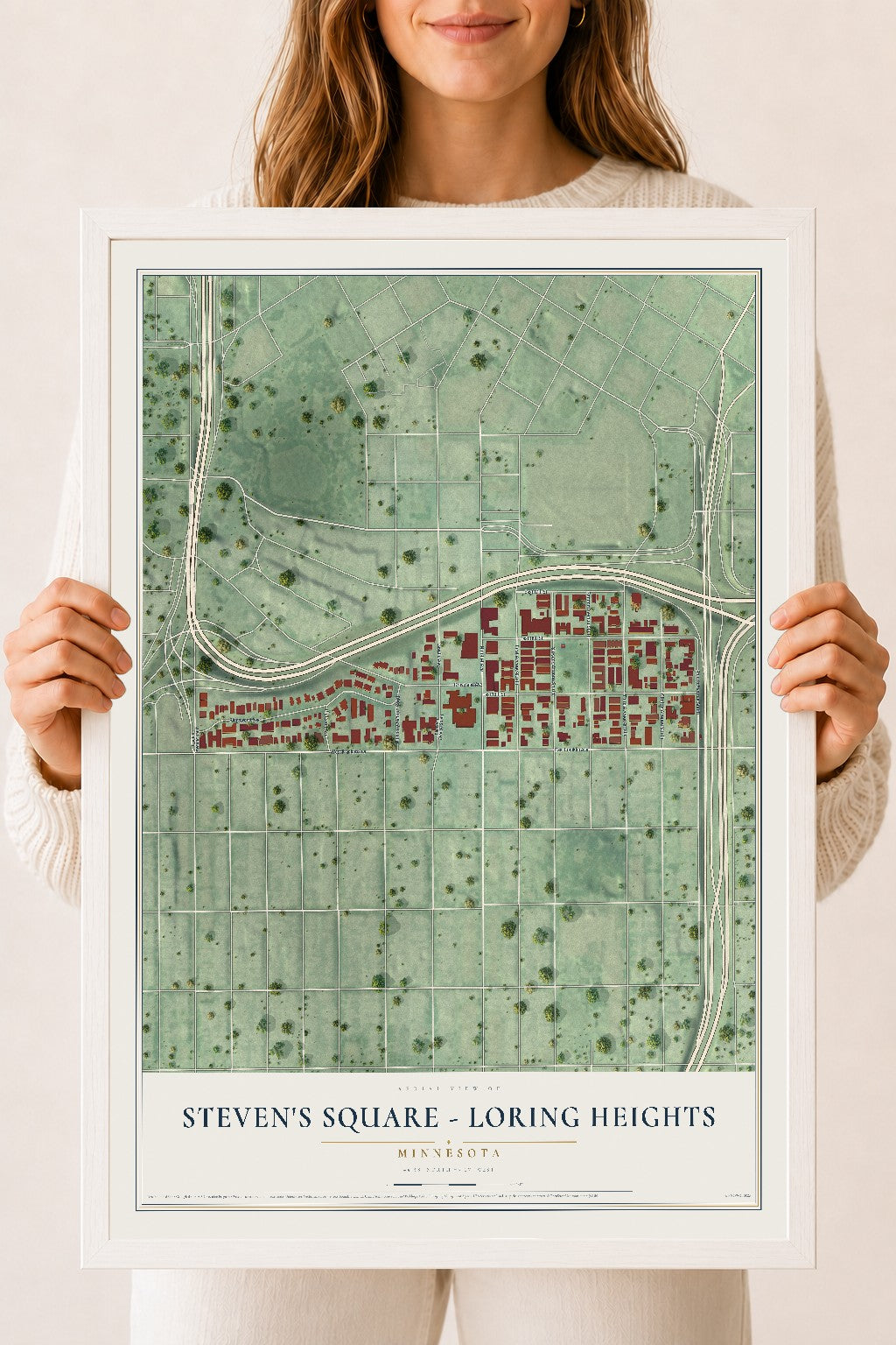 Map of Steven's Square - Loring Heights, Minnesota, 18 x 24 inch print in a white wood frame