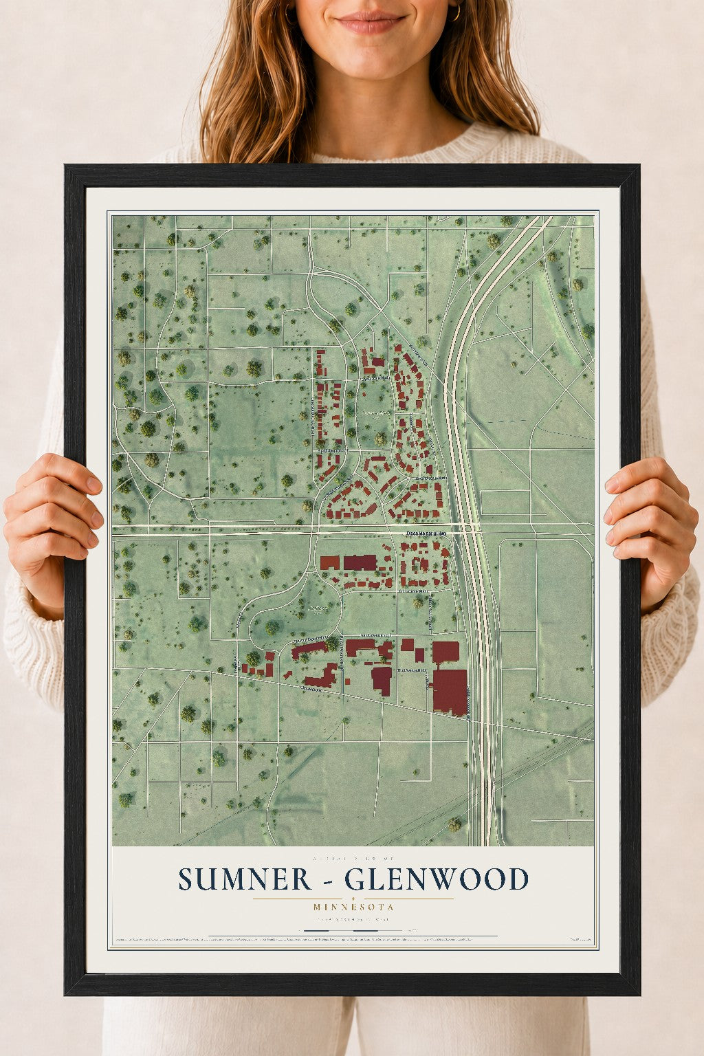 Map of Sumner - Glenwood, Minnesota, 18 x 24 inch print in a black wood frame