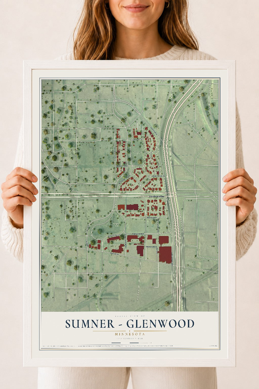 Map of Sumner - Glenwood, Minnesota, 18 x 24 inch print in a white wood frame