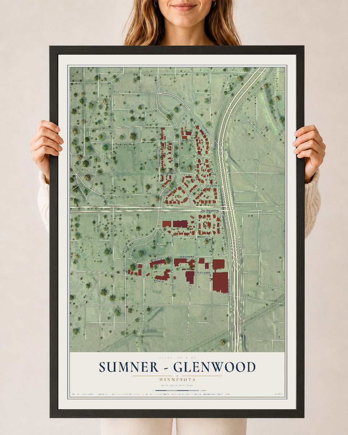 Map of Sumner - Glenwood, Minnesota, 24 x 36 inch print in a black wood frame
