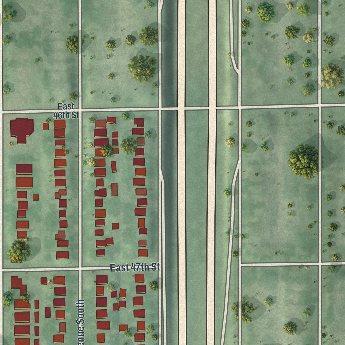 Close-up of the map of Tangletown, Minnesota print showing street and building detail