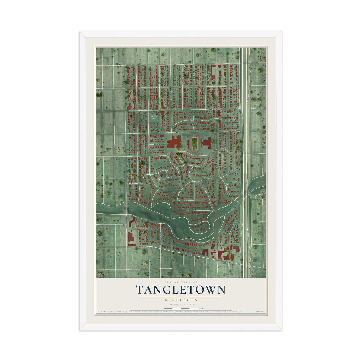 Map of Tangletown, Minnesota, 12 x 18 inch print in a white wood frame
