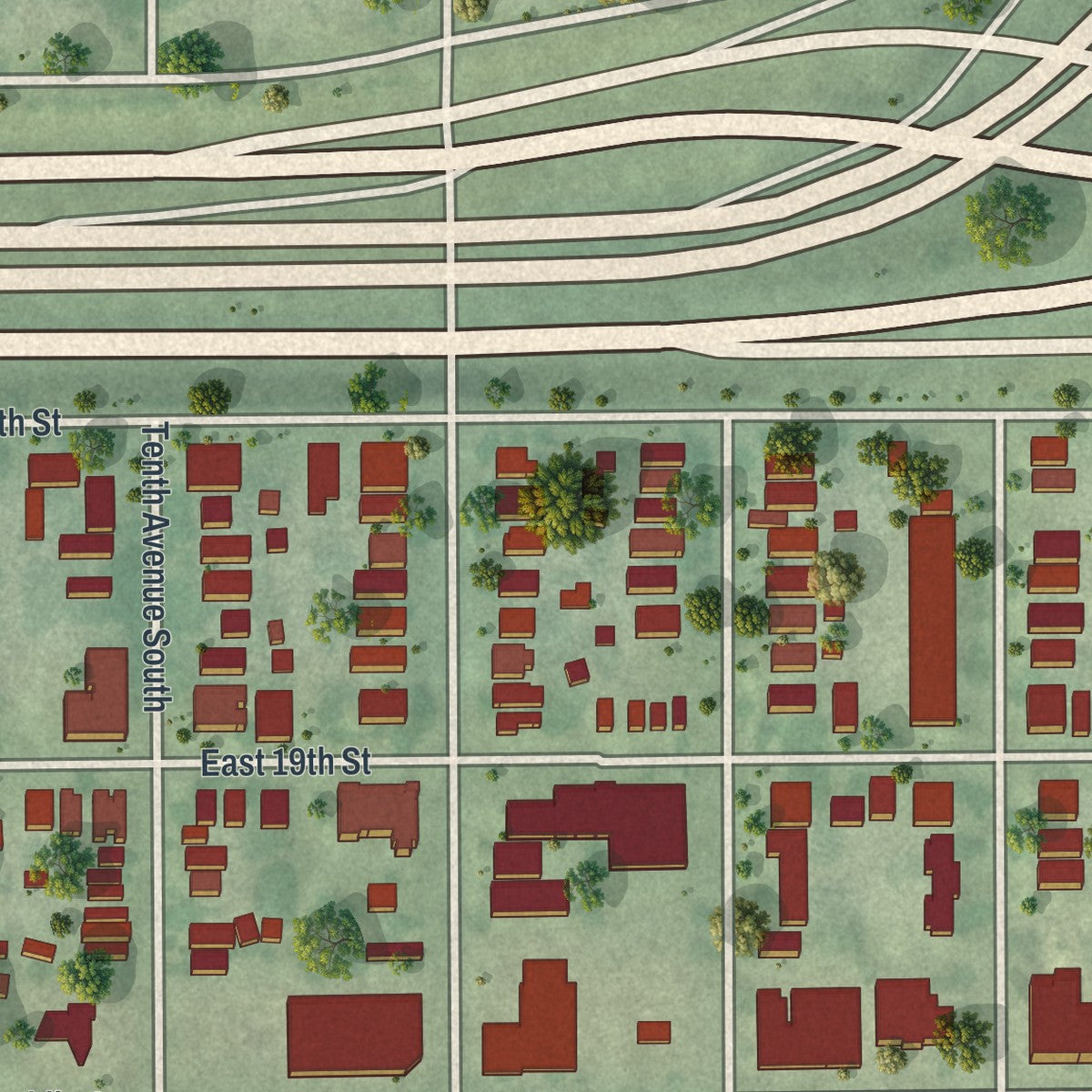 Close-up of the map of Ventura Village, Minnesota print showing street and building detail