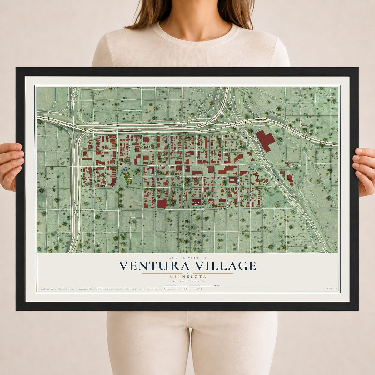 Map of Ventura Village, Minnesota, 18 x 24 inch print in a black wood frame