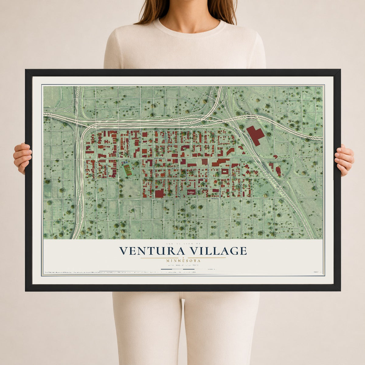 Map of Ventura Village, Minnesota, 24 x 36 inch print in a black wood frame