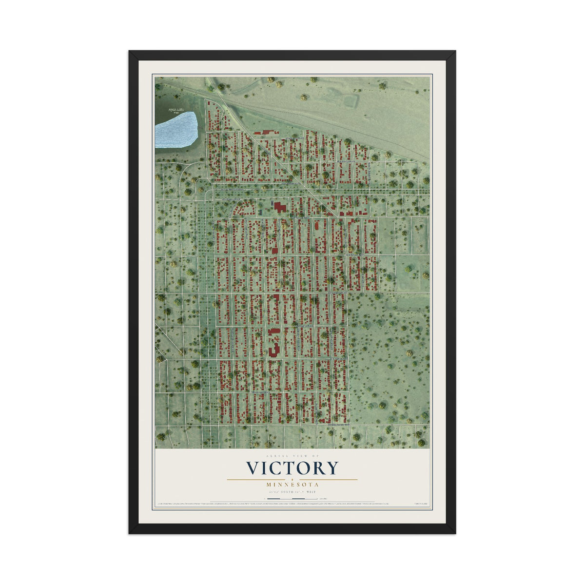 Map of Victory, Minnesota, 12 x 18 inch print in a black wood frame