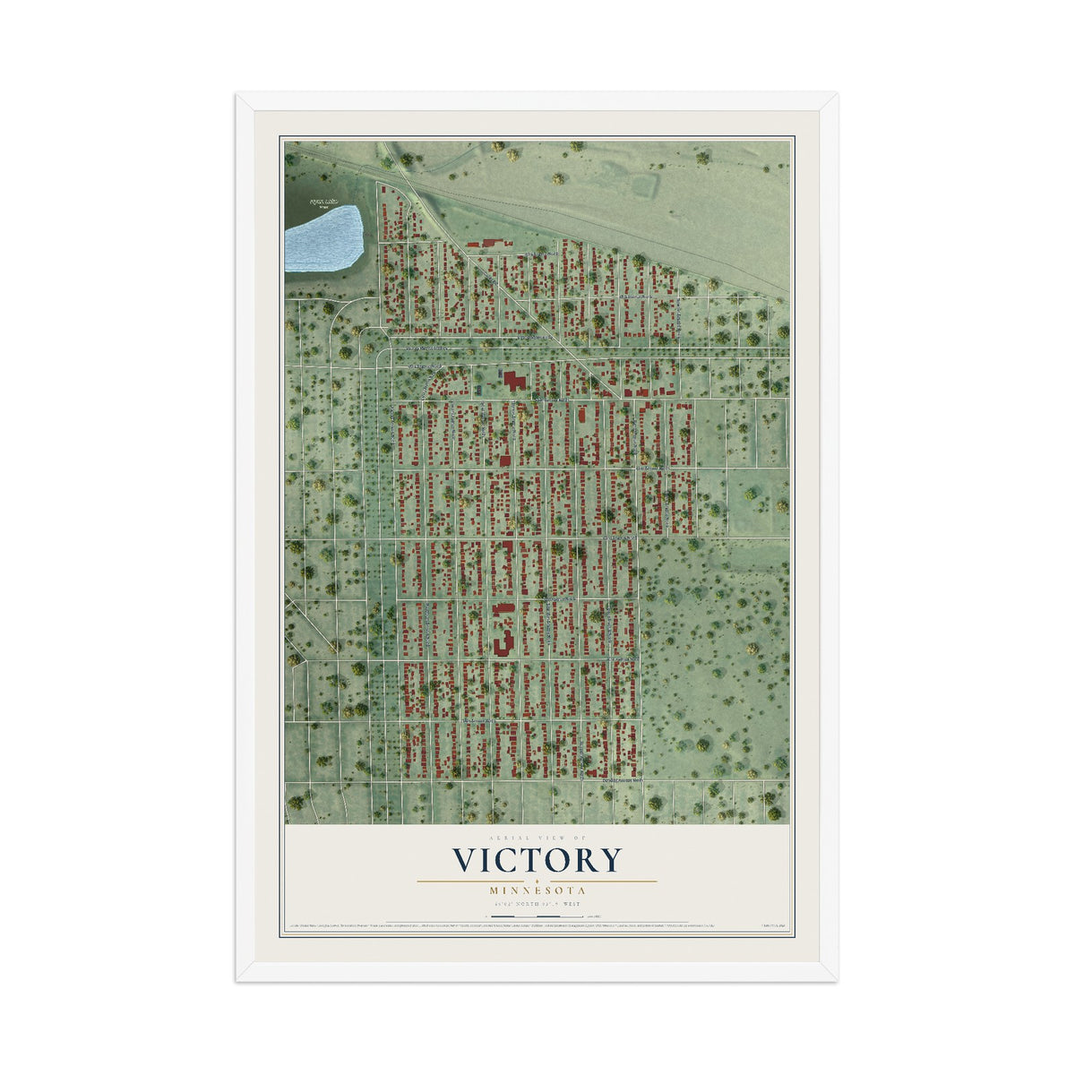 Map of Victory, Minnesota, 12 x 18 inch print in a white wood frame