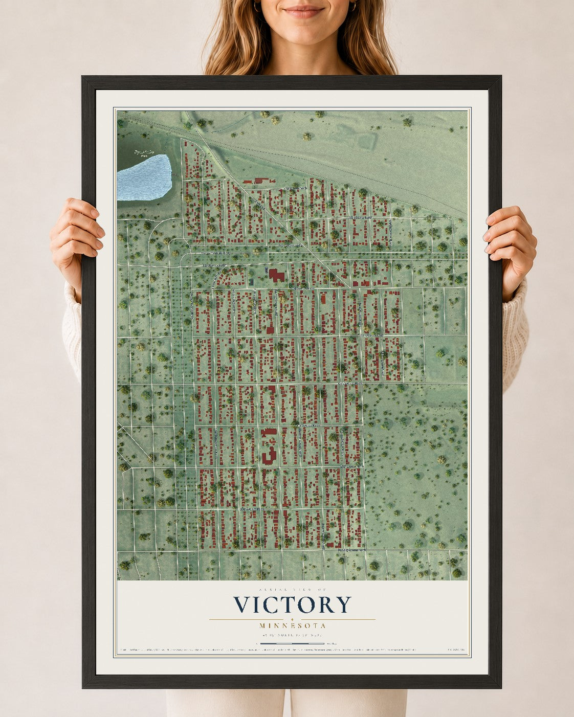 Map of Victory, Minnesota, 24 x 36 inch print in a black wood frame