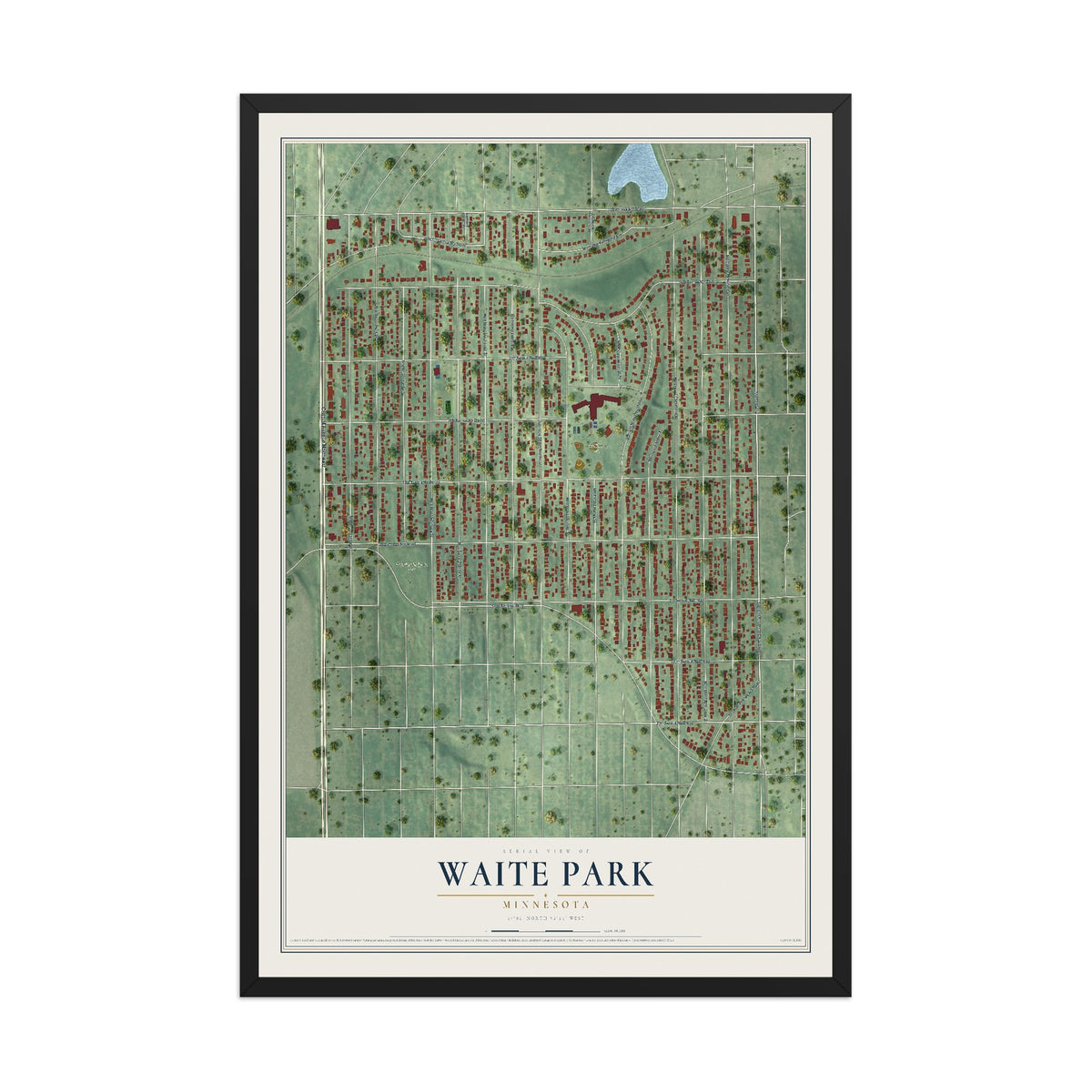 Map of Waite Park, Minneapolis, Minnesota, 12 x 18 inch print in a black wood frame