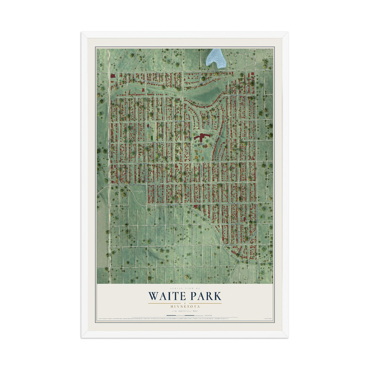 Map of Waite Park, Minneapolis, Minnesota, 12 x 18 inch print in a white wood frame