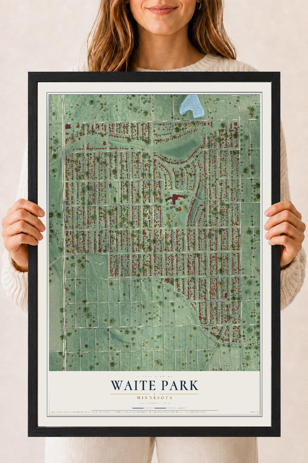 Map of Waite Park, Minneapolis, Minnesota, 18 x 24 inch print in a black wood frame