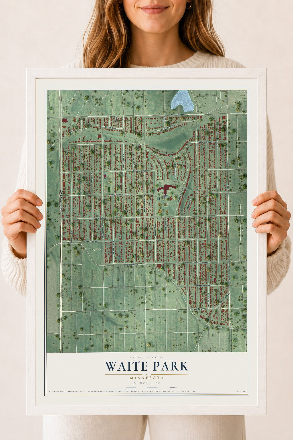 Map of Waite Park, Minneapolis, Minnesota, 18 x 24 inch print in a white wood frame