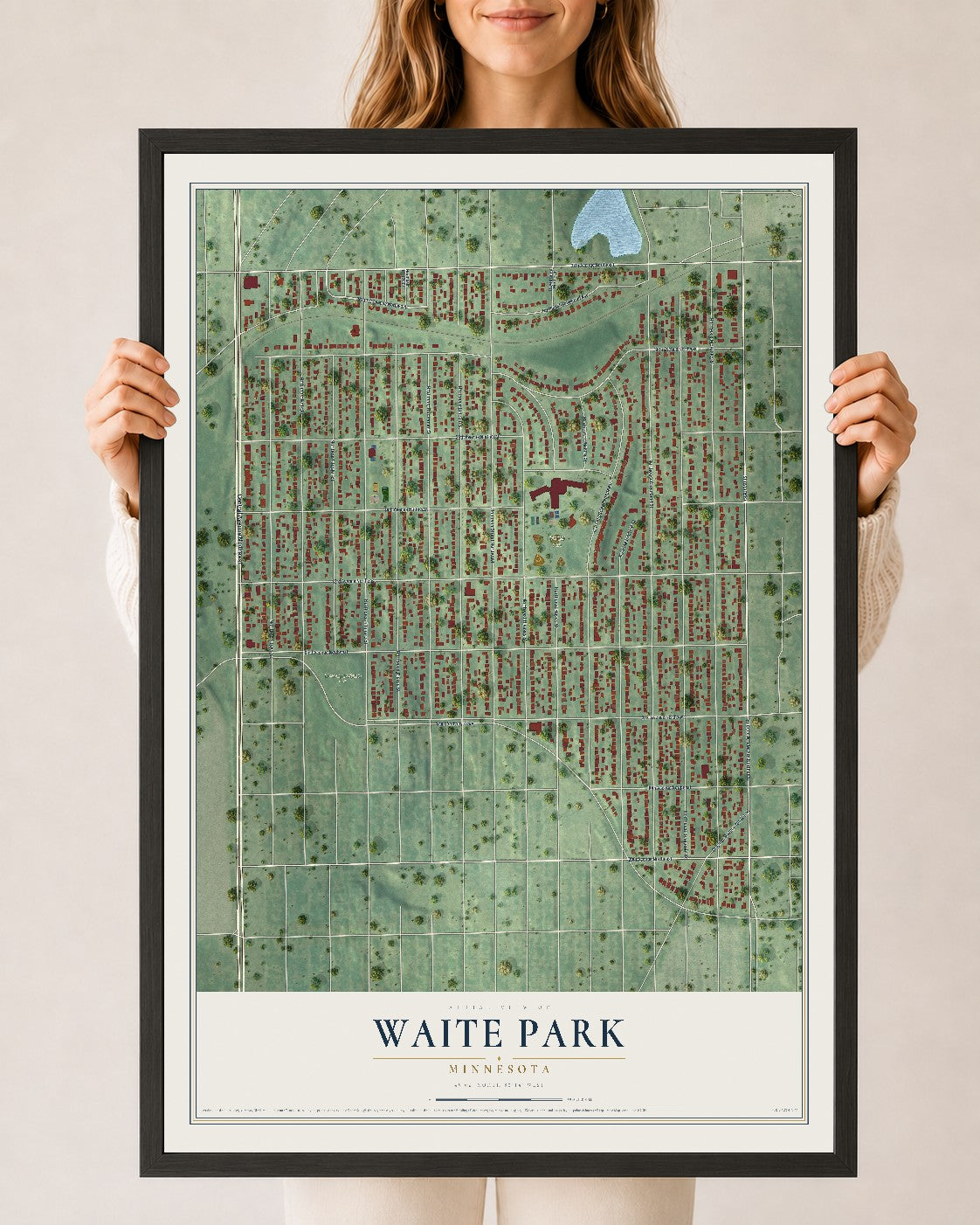 Map of Waite Park, Minneapolis, Minnesota, 24 x 36 inch print in a black wood frame