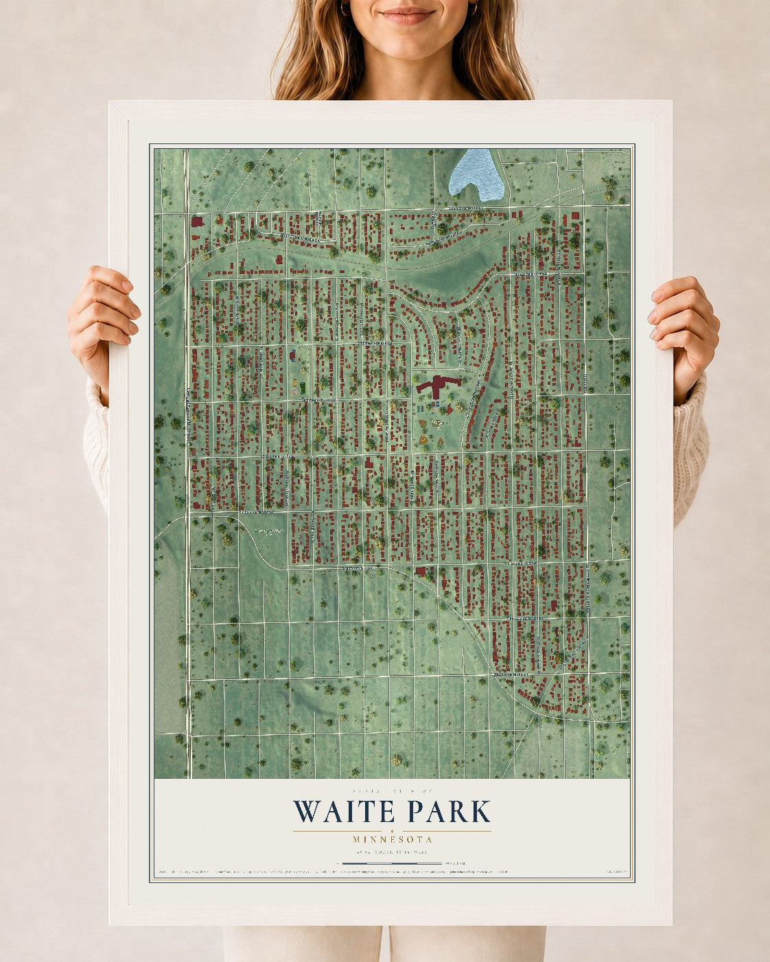 Map of Waite Park, Minneapolis, Minnesota, 24 x 36 inch print in a white wood frame