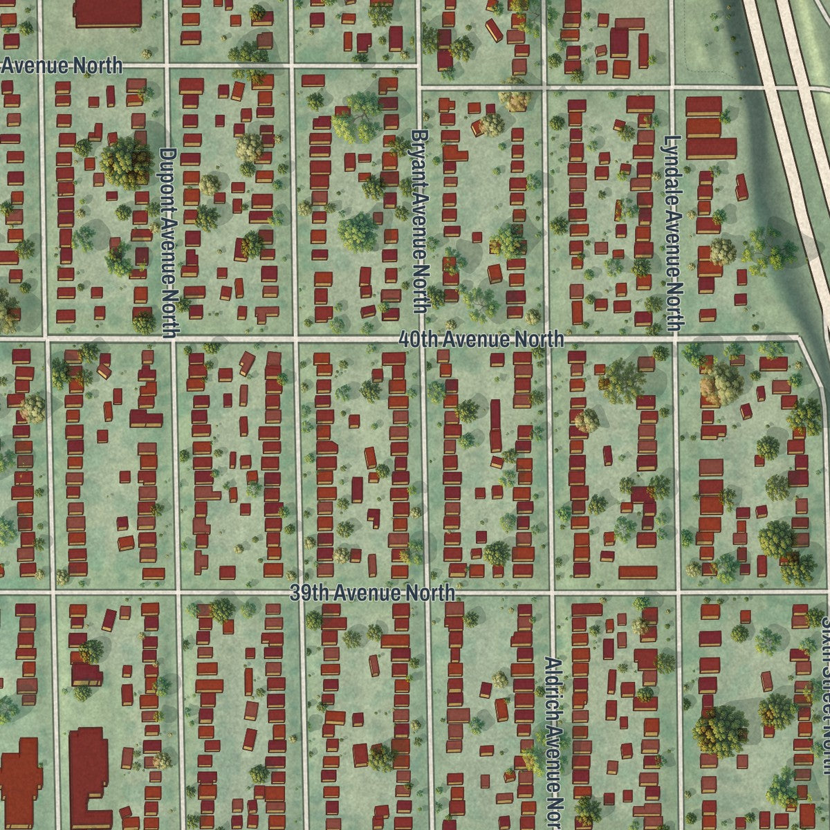 Close-up of the map of Webber - Camden, Minnesota print showing street and building detail