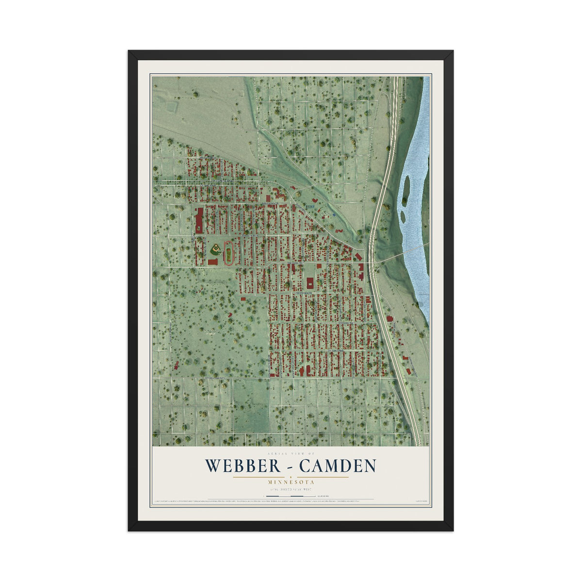 Map of Webber - Camden, Minnesota, 12 x 18 inch print in a black wood frame