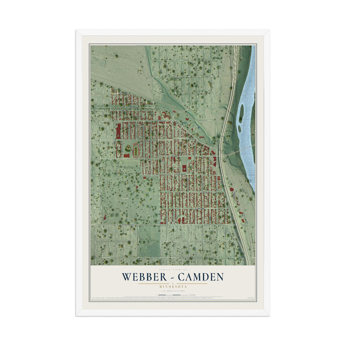 Map of Webber - Camden, Minnesota, 12 x 18 inch print in a white wood frame