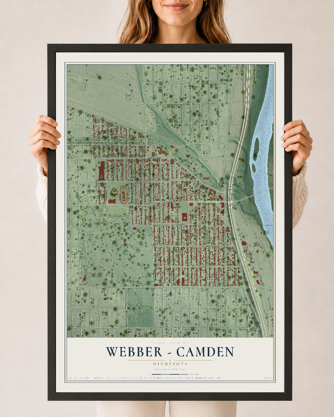 Map of Webber - Camden, Minnesota, 24 x 36 inch print in a black wood frame