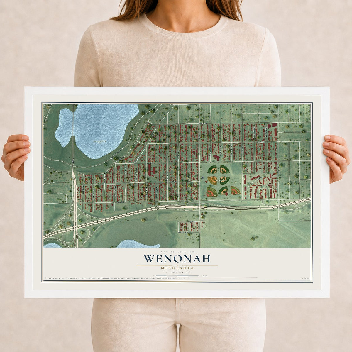 Map of Wenonah, Minnesota, 12 x 18 inch print in a white wood frame