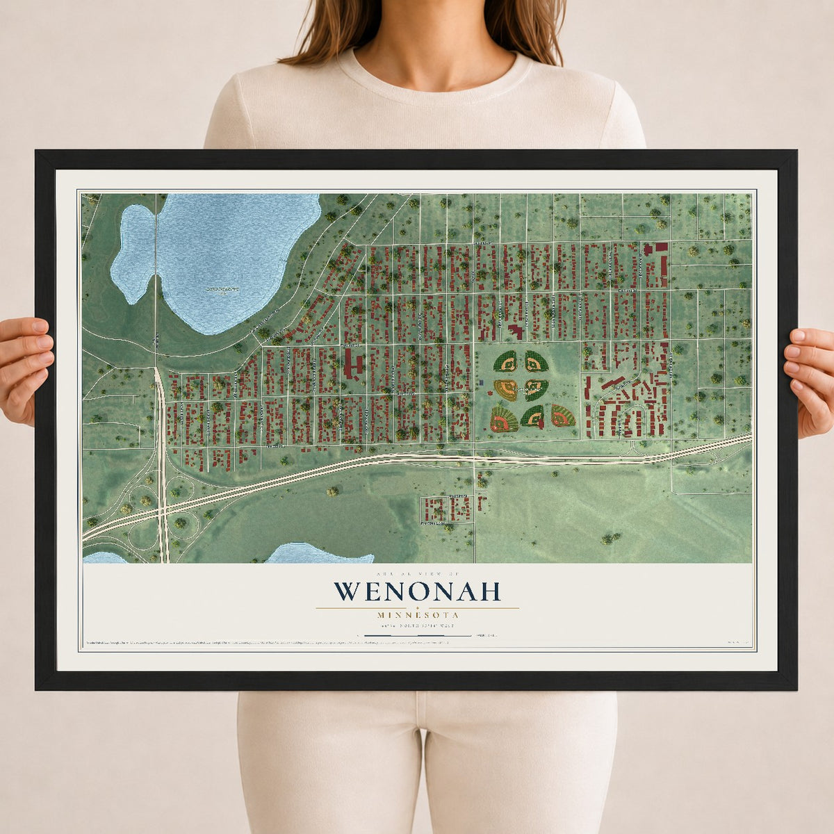 Map of Wenonah, Minnesota, 18 x 24 inch print in a black wood frame