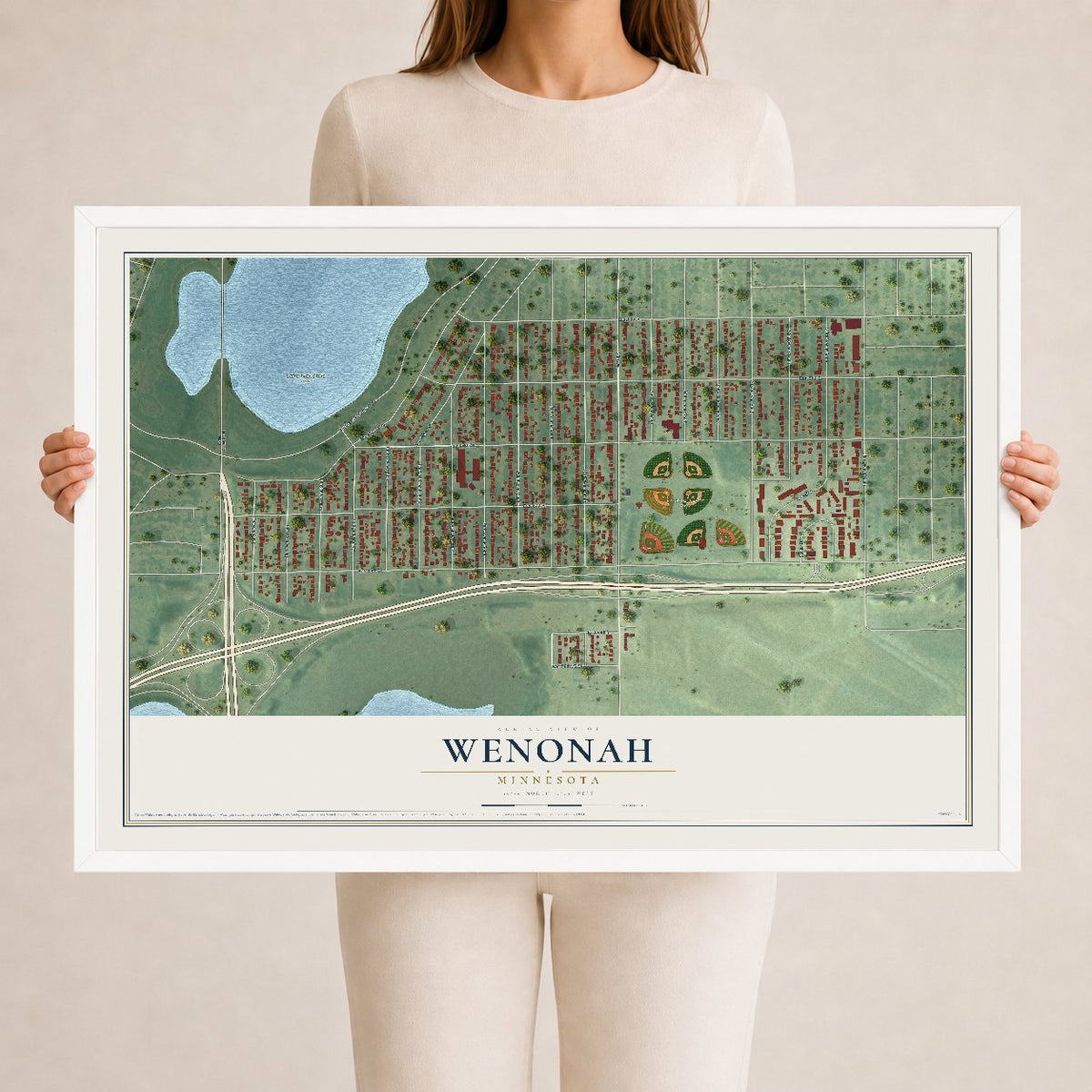 Map of Wenonah, Minnesota, 24 x 36 inch print in a white wood frame