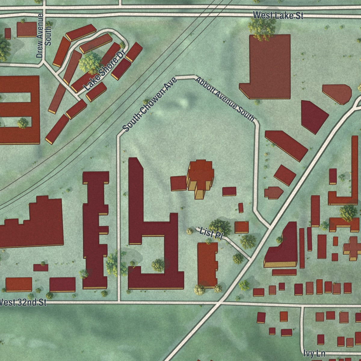Close-up of the map of West Maka Ska, Minnesota print showing street and building detail