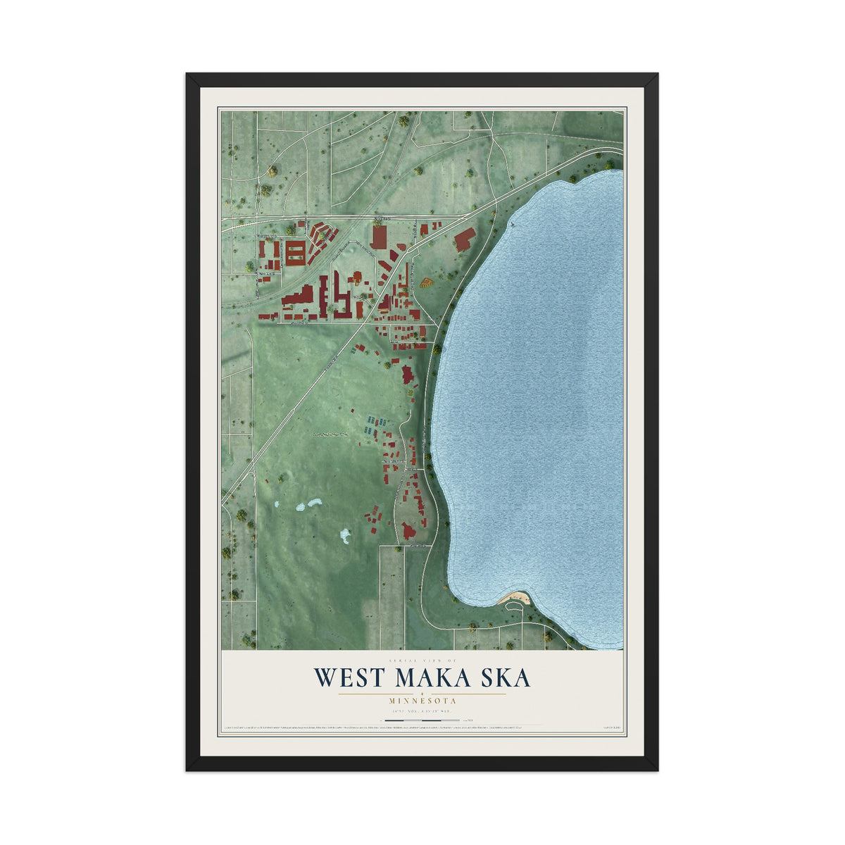 Map of West Maka Ska, Minnesota, 12 x 18 inch print in a black wood frame