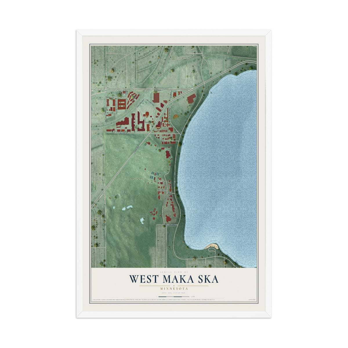 Map of West Maka Ska, Minnesota, 12 x 18 inch print in a white wood frame