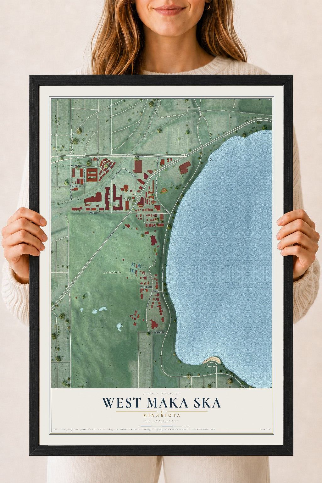 Map of West Maka Ska, Minnesota, 18 x 24 inch print in a black wood frame