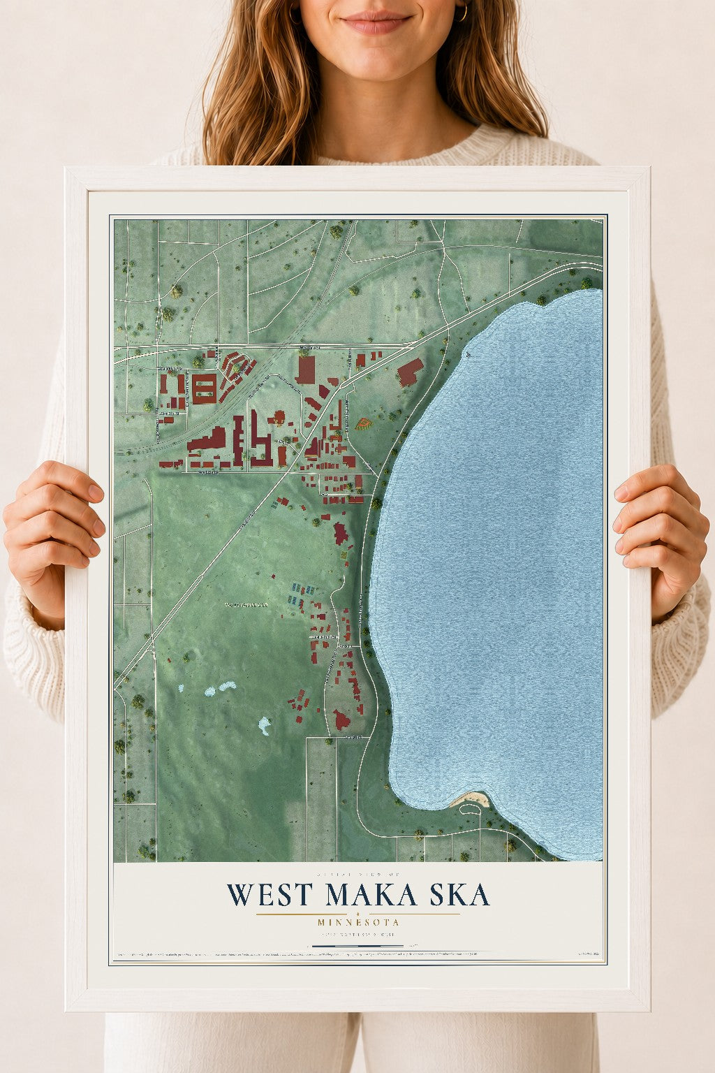 Map of West Maka Ska, Minnesota, 18 x 24 inch print in a white wood frame