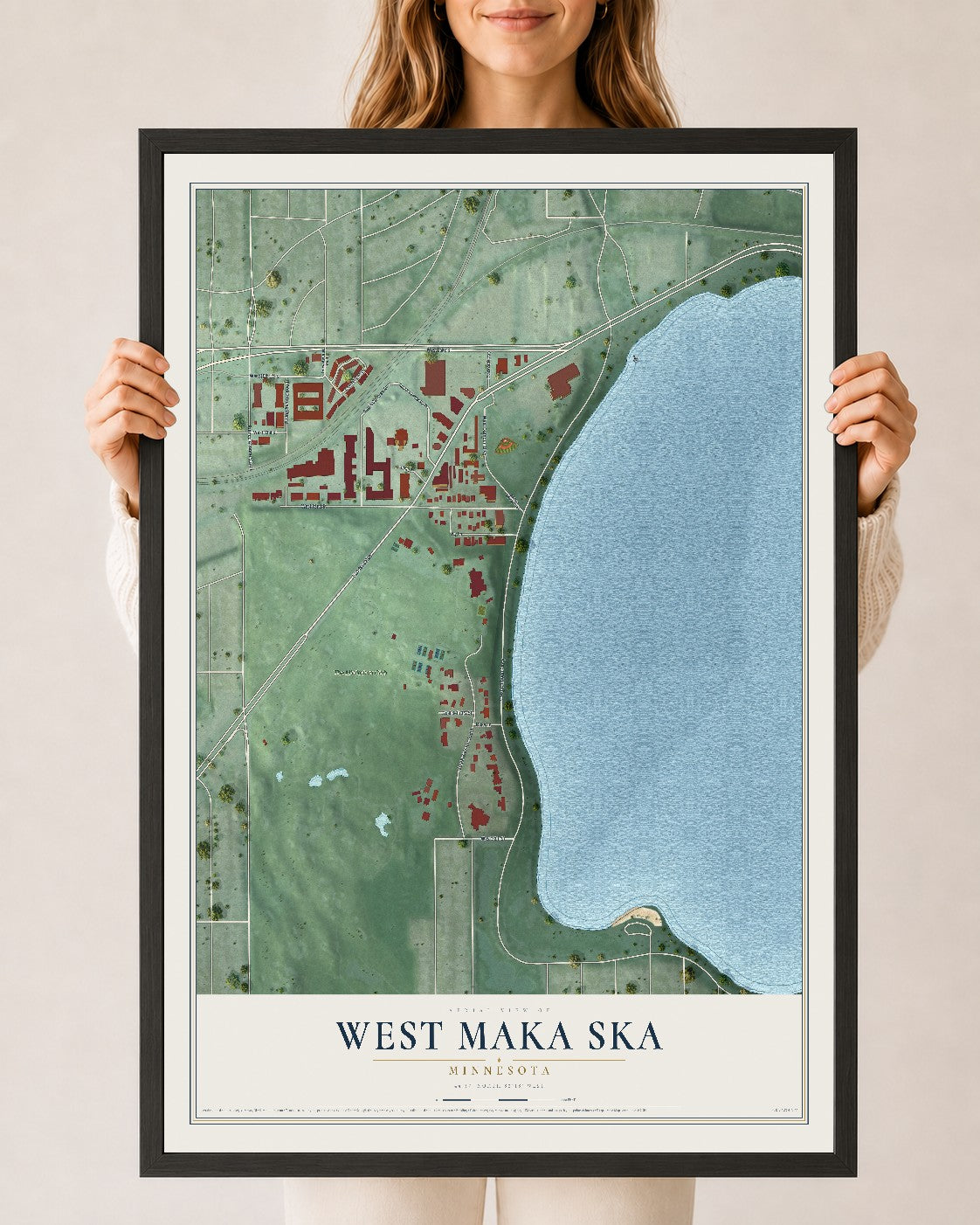 Map of West Maka Ska, Minnesota, 24 x 36 inch print in a black wood frame