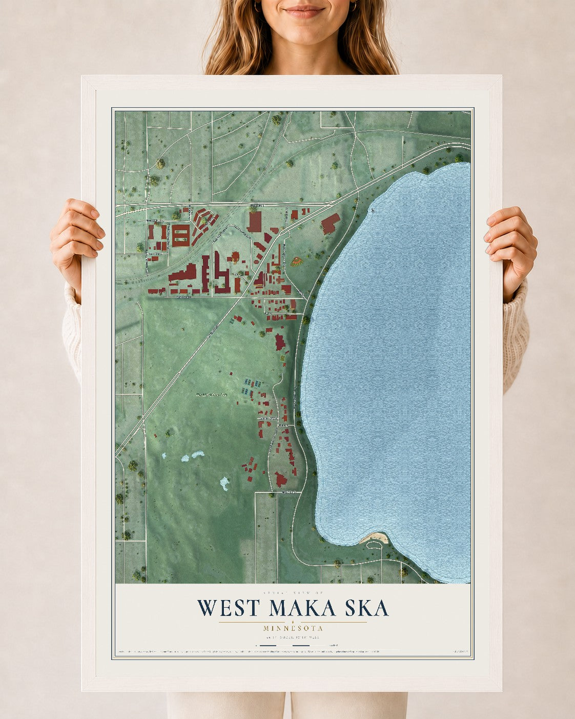Map of West Maka Ska, Minnesota, 24 x 36 inch print in a white wood frame