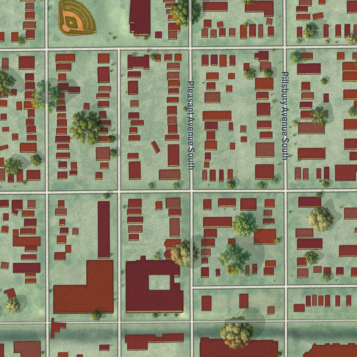 Close-up of the map of Whittier, Minnesota print showing street and building detail
