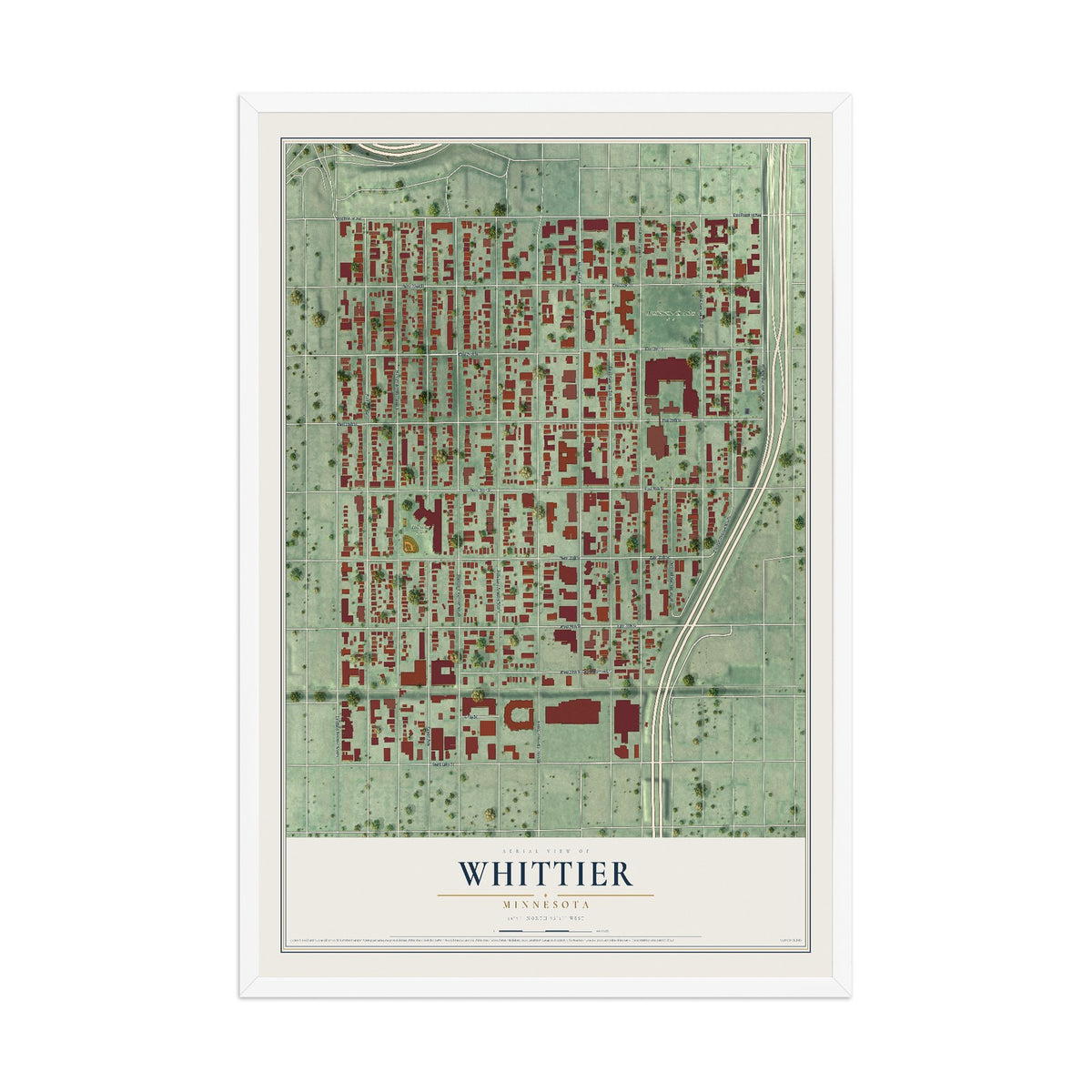 Map of Whittier, Minnesota, 12 x 18 inch print in a white wood frame