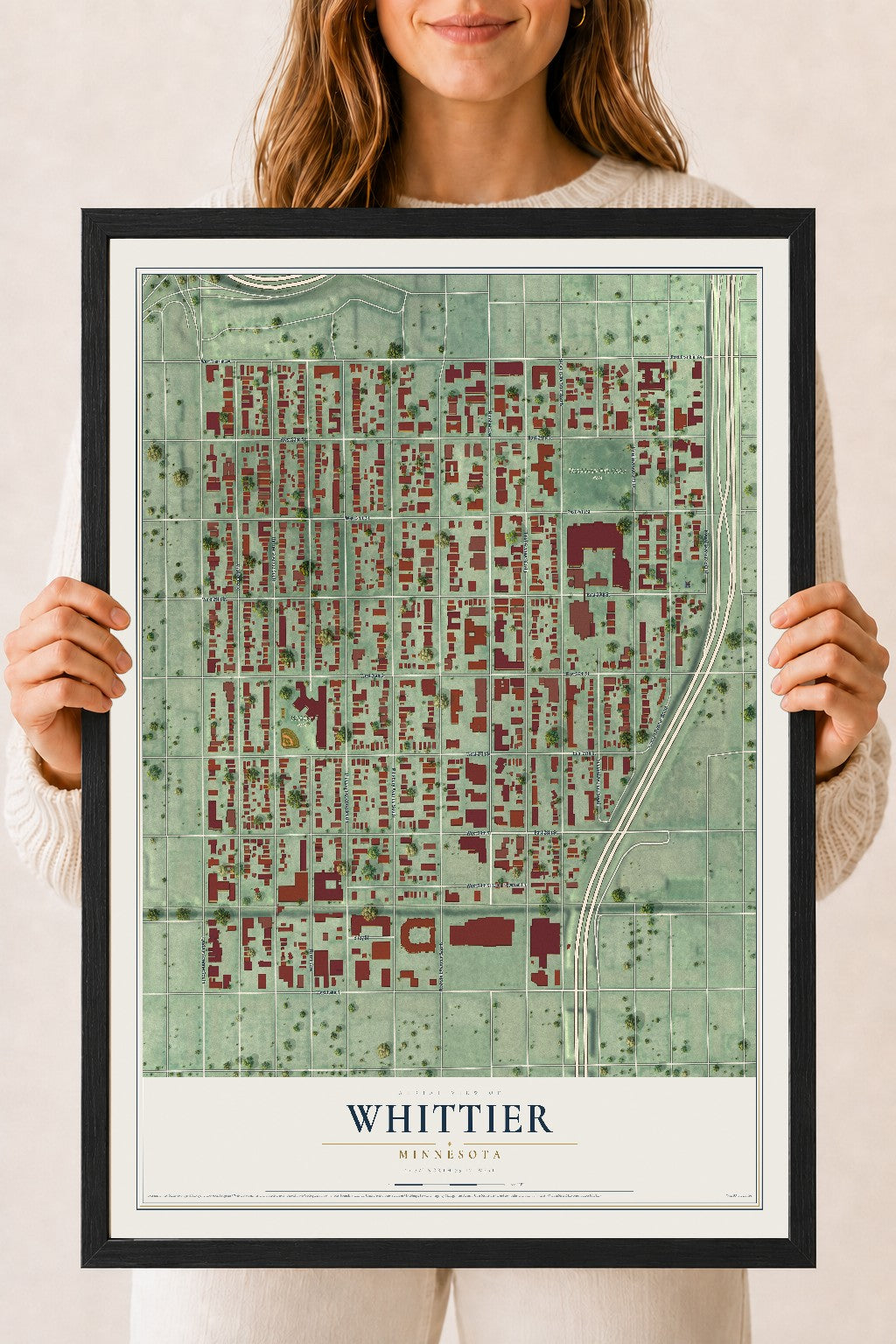 Map of Whittier, Minnesota, 18 x 24 inch print in a black wood frame