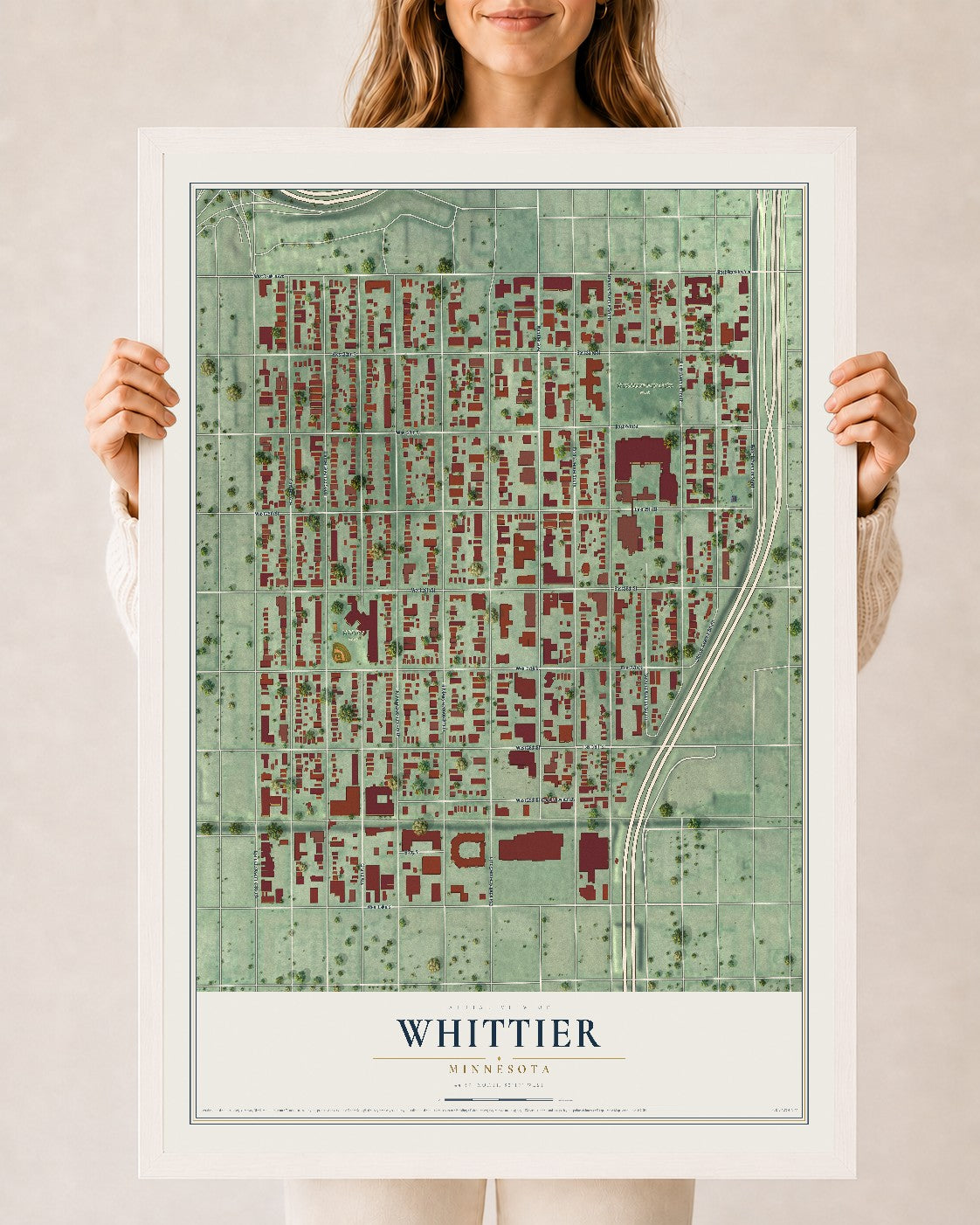 Map of Whittier, Minnesota, 24 x 36 inch print in a white wood frame