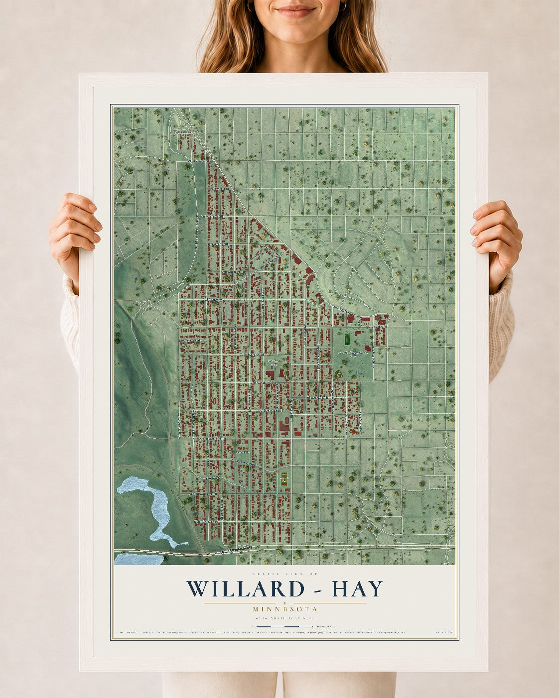 Map of Willard - Hay, Minnesota, 24 x 36 inch print in a white wood frame