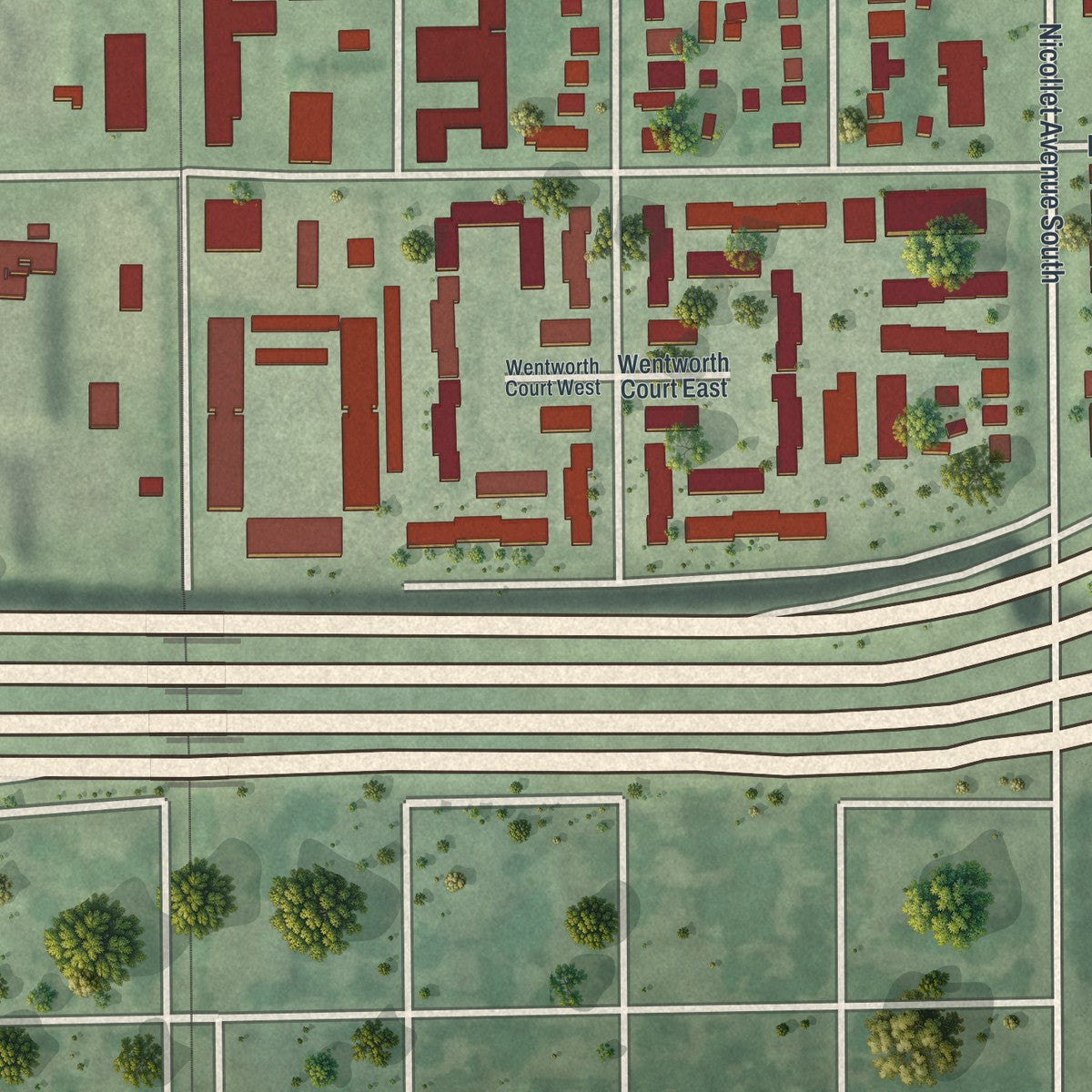 Second close-up of the map of Windom, Minneapolis, Minnesota print showing more streets and buildings