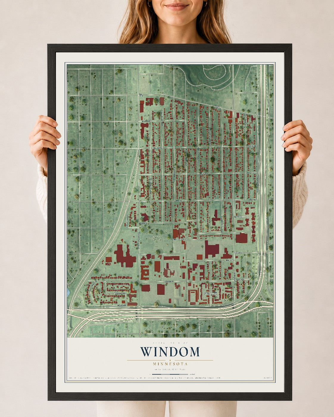 Map of Windom, Minneapolis, Minnesota, 24 x 36 inch print in a black wood frame