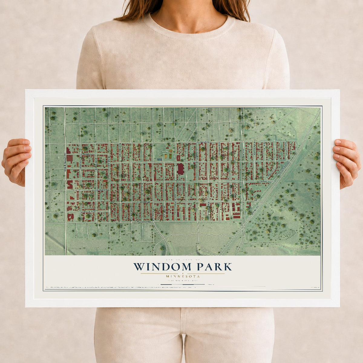 Map of Windom Park, Minnesota, 12 x 18 inch print in a white wood frame