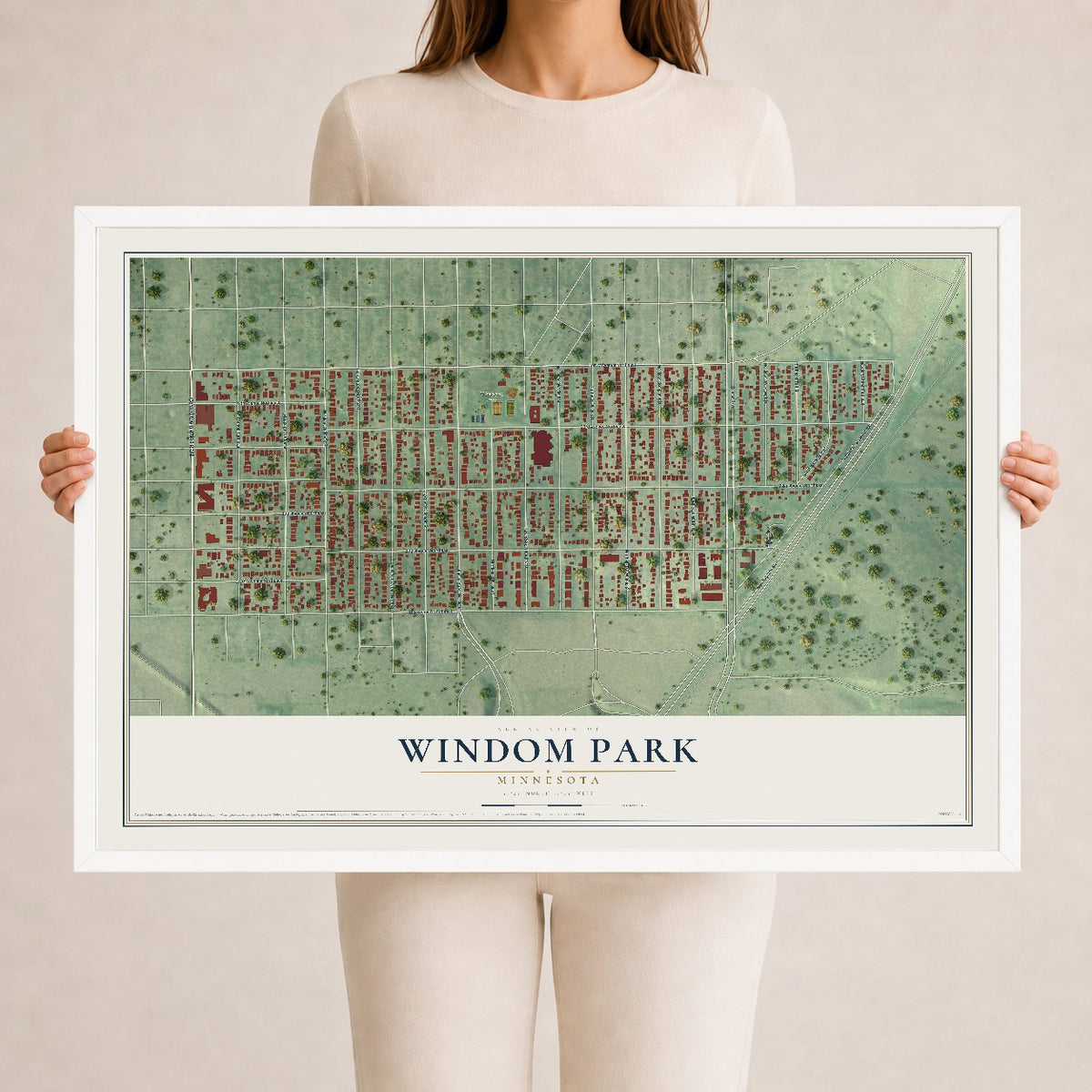 Map of Windom Park, Minnesota, 24 x 36 inch print in a white wood frame
