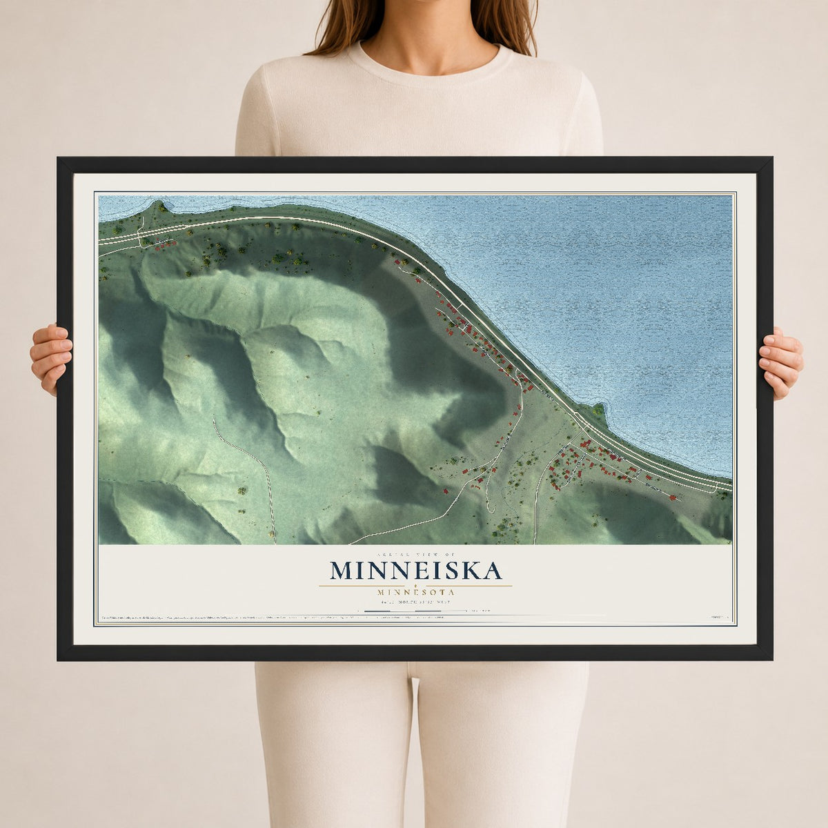 Map of Minneiska, Minnesota, 24 x 36 inch print in a black wood frame