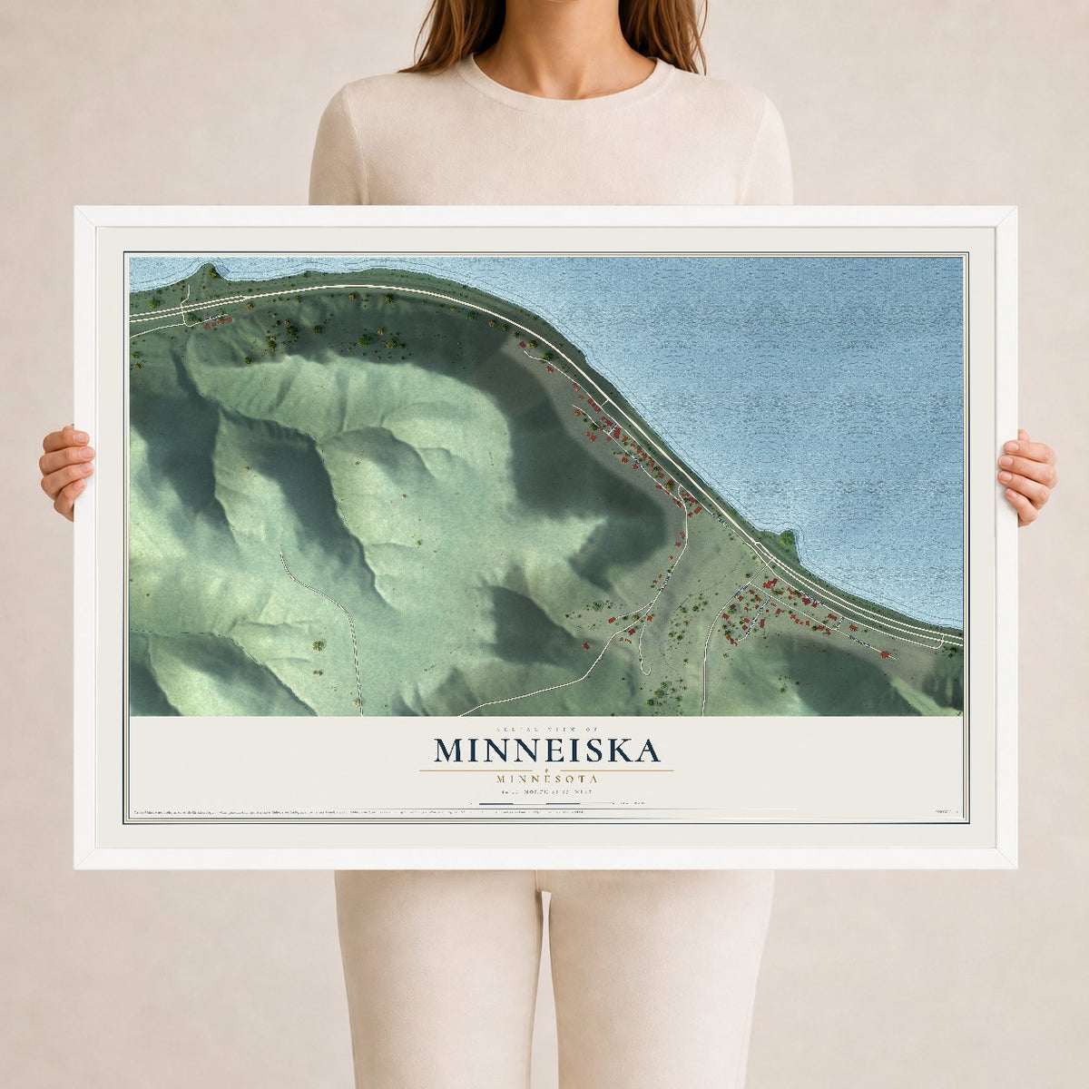 Map of Minneiska, Minnesota, 24 x 36 inch print in a white wood frame