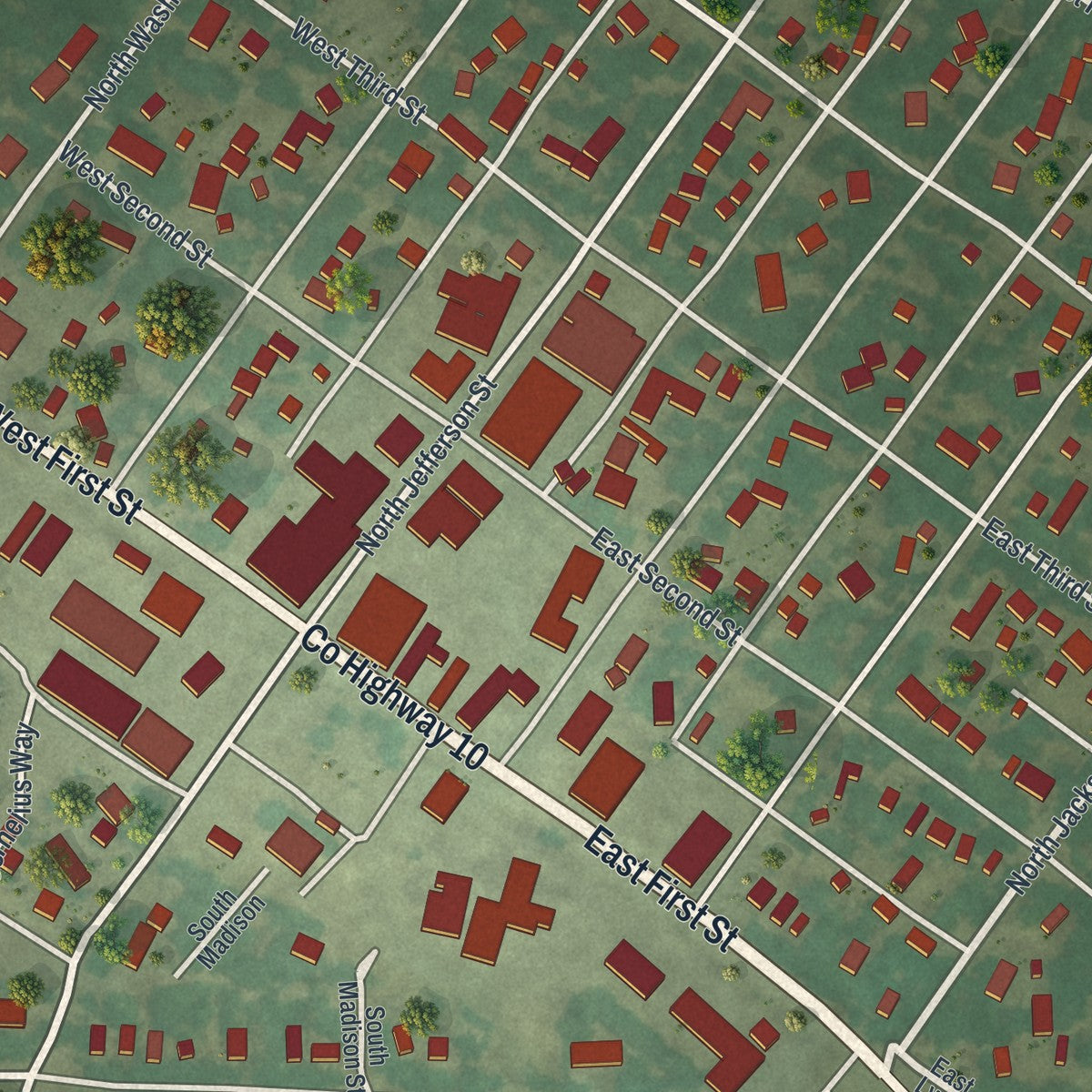 Close-up of the map of Minneota, Minnesota print showing street and building detail