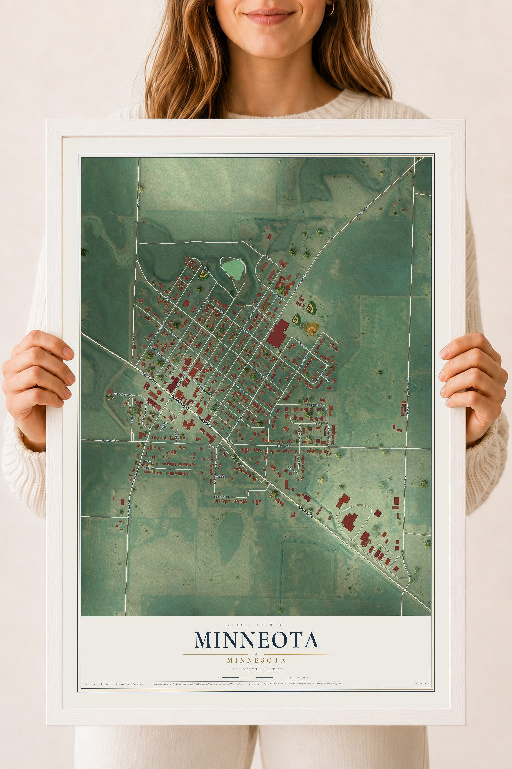 Map of Minneota, Minnesota, 18 x 24 inch print in a white wood frame