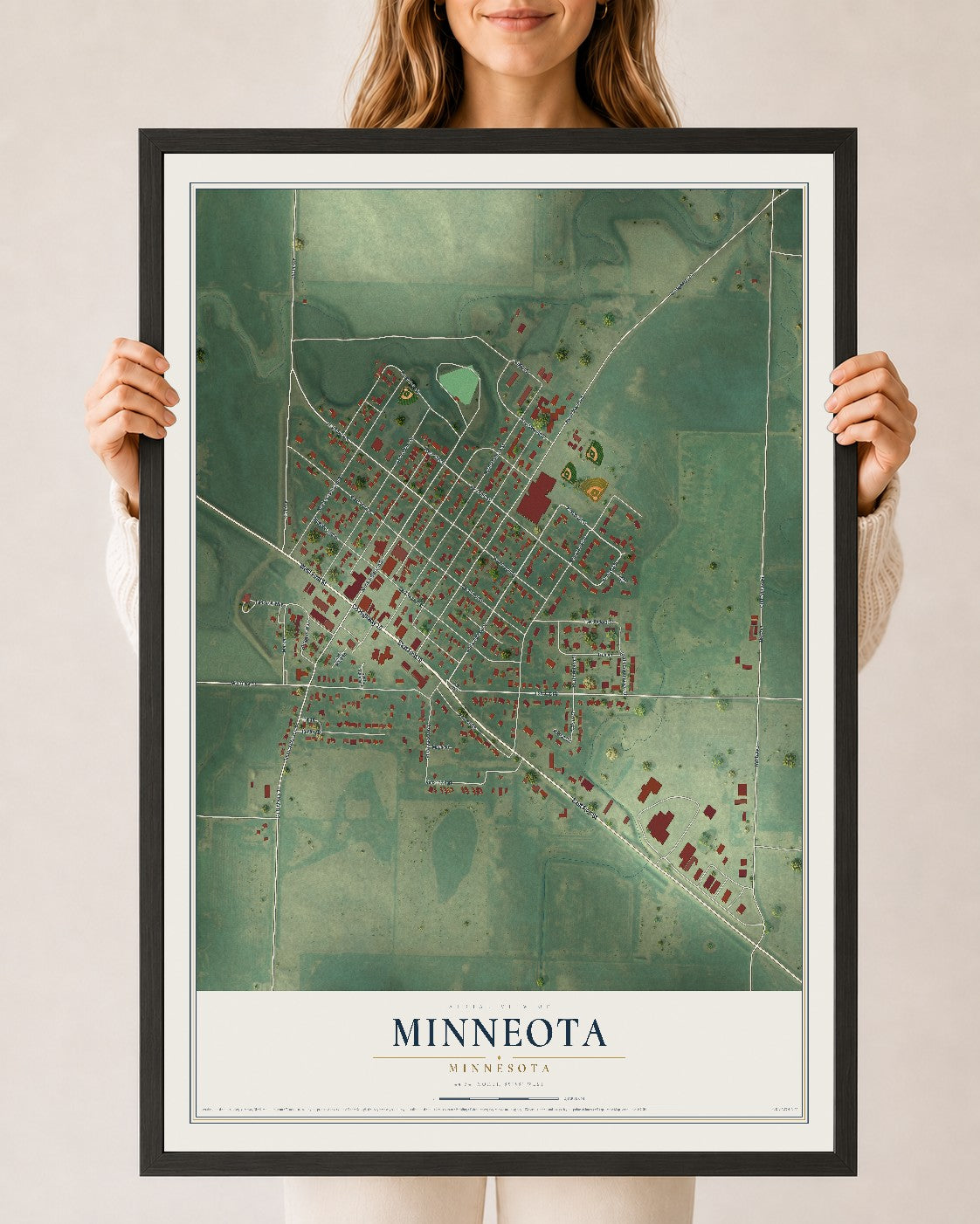 Map of Minneota, Minnesota, 24 x 36 inch print in a black wood frame