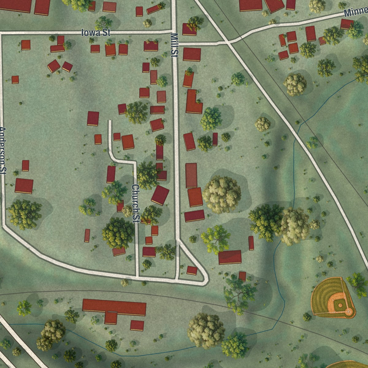 Close-up of the map of Minnesota City, Minnesota print showing street and building detail