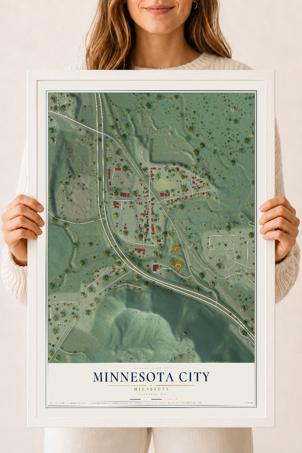 Map of Minnesota City, Minnesota, 18 x 24 inch print in a white wood frame