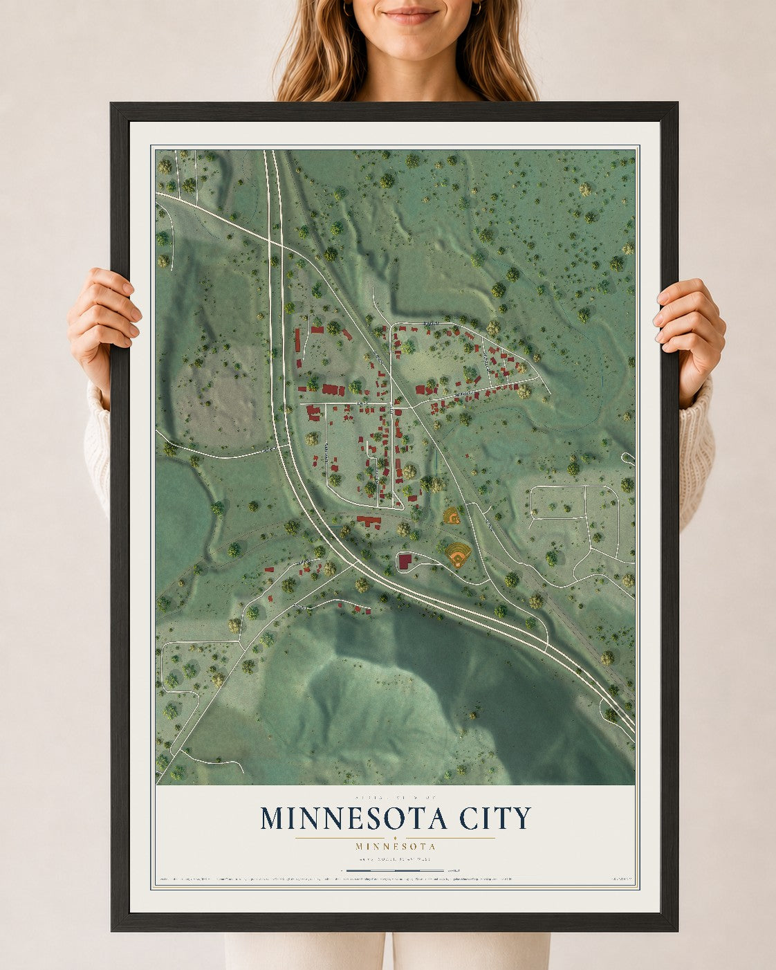 Map of Minnesota City, Minnesota, 24 x 36 inch print in a black wood frame